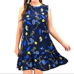 HALOGEN Blue Yellow Floral Sleeveless Ruffle Hem Dress Size S